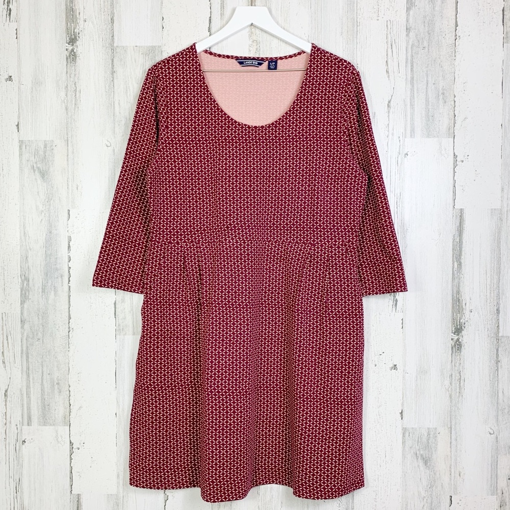 Lands' End Burgundy and Pink Diamond Print 3/4 Sleeve Shirt Dress Size Large
